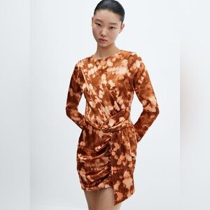Mango brown short tie-dye draped dress NWT